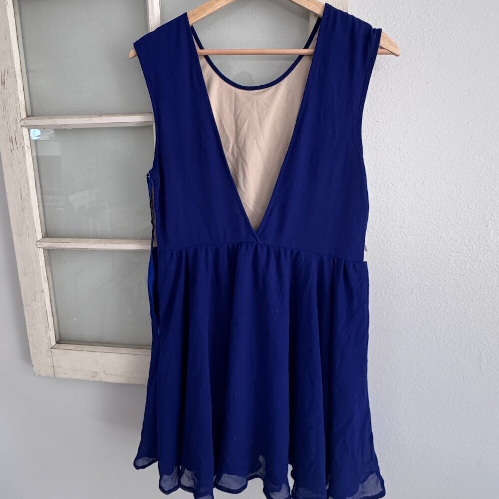 Urban Outfitters Pins and Needles Embroidered Royal Blue Deep V back Flowy Dress - Picture 5 of 12